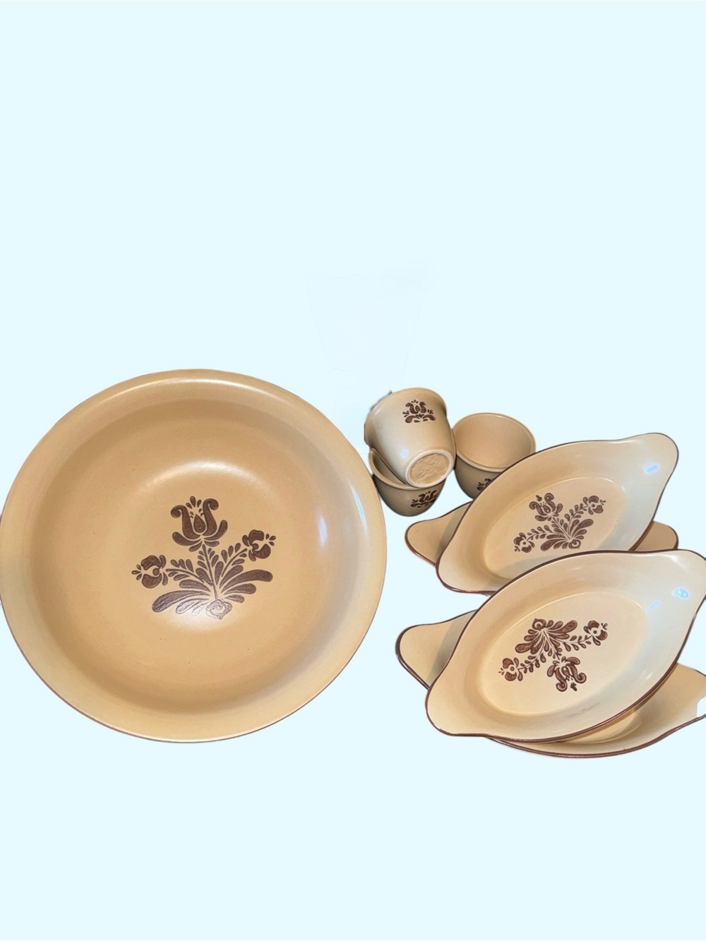 Vintage Pfaltzgraff Folk Art Stoneware 8-Pc Serving Bundle USA Brown Tan